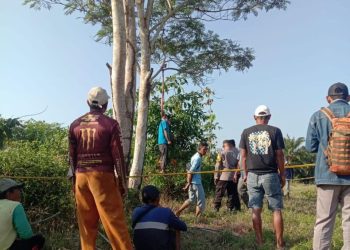 Warga dihebohkan dengan penemuan jasad seorang pria yang tergantung di pohon Sengon di area perladangan Dusun 3,