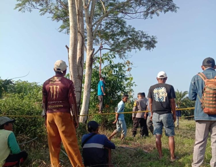 Warga dihebohkan dengan penemuan jasad seorang pria yang tergantung di pohon Sengon di area perladangan Dusun 3,