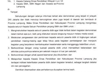 Disdikbud Lampung Edarkan Larangan Siswa Ikut Aksi Demonstrasi, Hak Ekspresi Generasi Muda Dipertanyakan