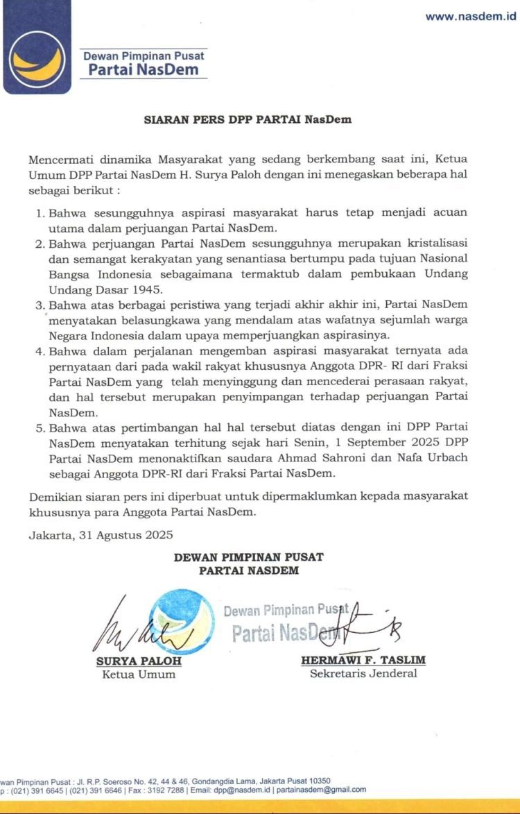 NasDem Pecat Ahmad Sahroni dan Nafa Urbach: Ketegasan Politik atau Sekadar Meredam Amarah Publik?