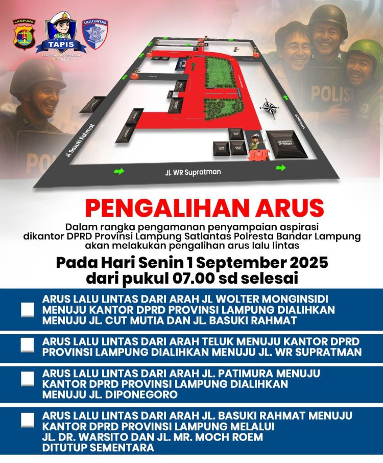 Pengalihan Arus Lalu Lintas di Sekitar DPRD Lampung, Satlantas Polresta Imbau Warga Gunakan Jalur Alternatif